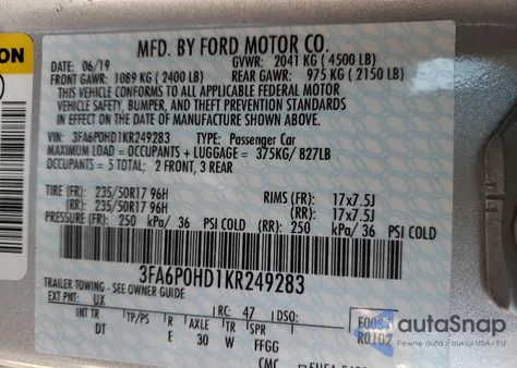 2019 Ford Fusion Se из США, поврежденный, VIN 3FA6P0HD1KR249283